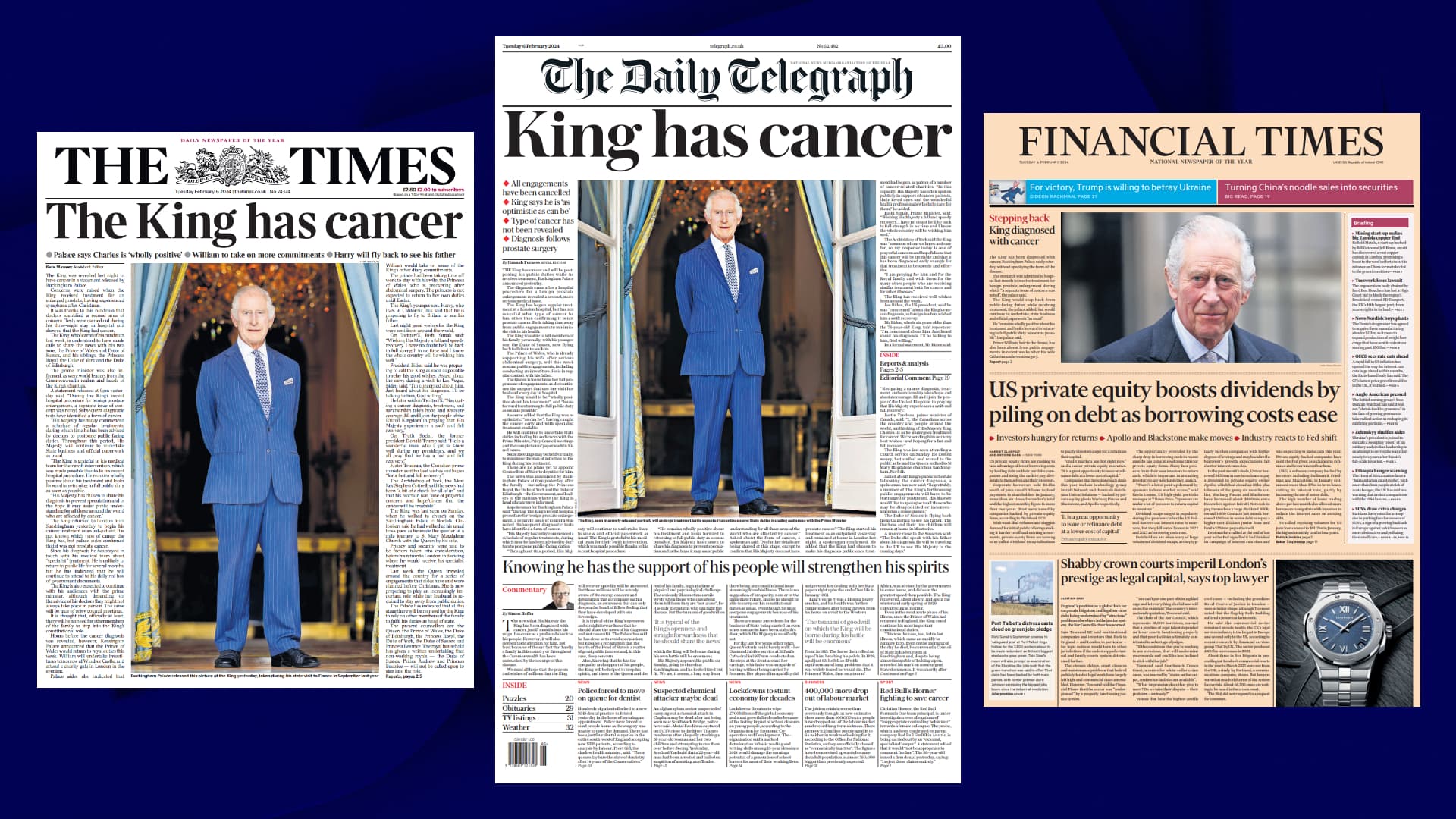 Les unes de la presse britannique, ce mardi 6 février 2024, au lendemain de l'annonce du cancer de Charles III