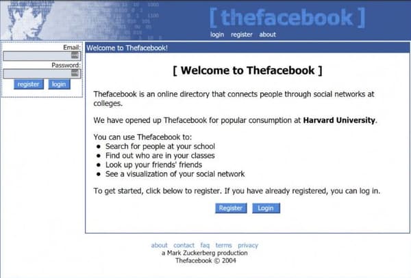 Page d'accueil de Facebook en 2004. 