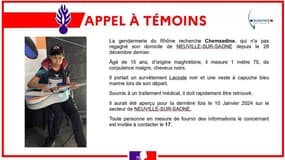La gendarmerie du Rhône lance un appel à témoins ce samedi 13 janvier pour retrouver Chemsedine.