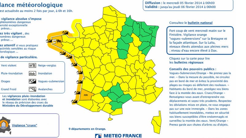 La carte de vigilance orange à 6 heures, mercredi matin.