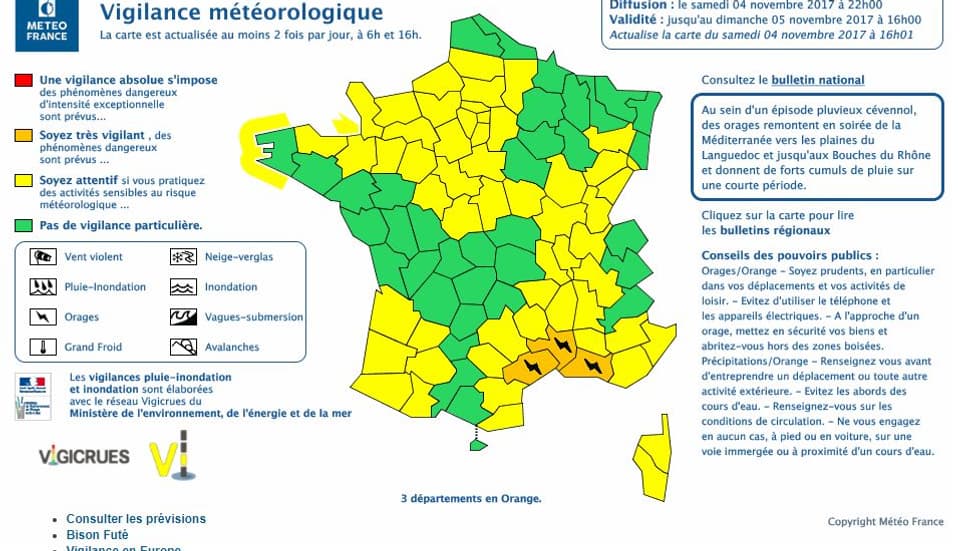 La carte de vigilance Météo France. La carte de vigilance Météo France.