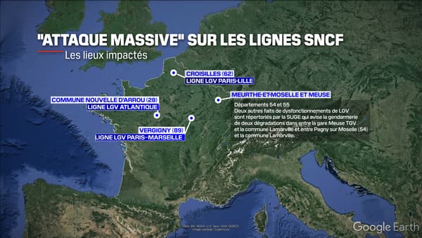 La carte des sabotages survenues sur les lignes TGV en France dans la nuit de ce jeudi 25 au vendredi 26 juillet 2024