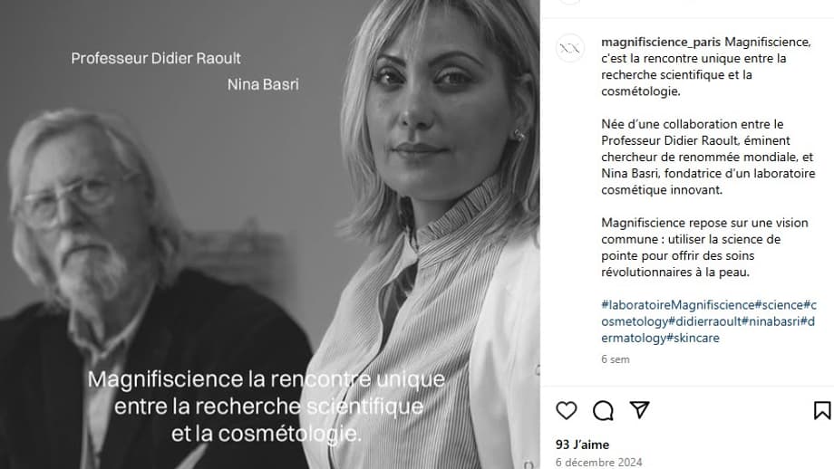 Une publication sur Instagram, datée du 6 décembre 2024, montrant Didier Raoult faire la promotion d'une entreprise de produits cosmétiques.