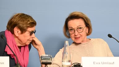 Les survivantes de l'Holocauste Ruth Winkelmann, 95 ans, et Eva Umlauf, 81 ans,lors d'une conférence de presse à Berlin le 4 juin 2024.