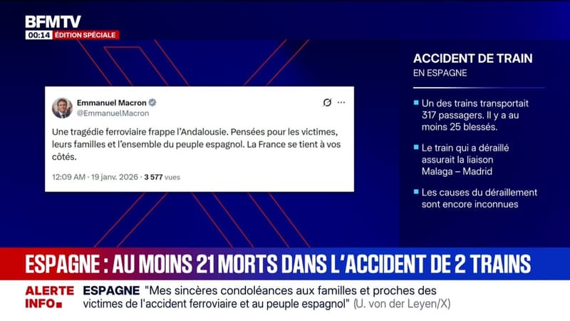 Accident de train en Espagne: sur X, Emmanuel Macron adresse ses "pensées pour les victimes, leurs familles et l'ensemble du peuple espagnol"