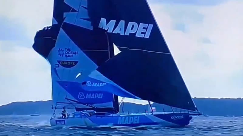 Le voilier Mapei de l'Italien Ambrogio Beccaria abîmé au départ de The Ocean Race Europe, le 10 août 2025 en Allemagne