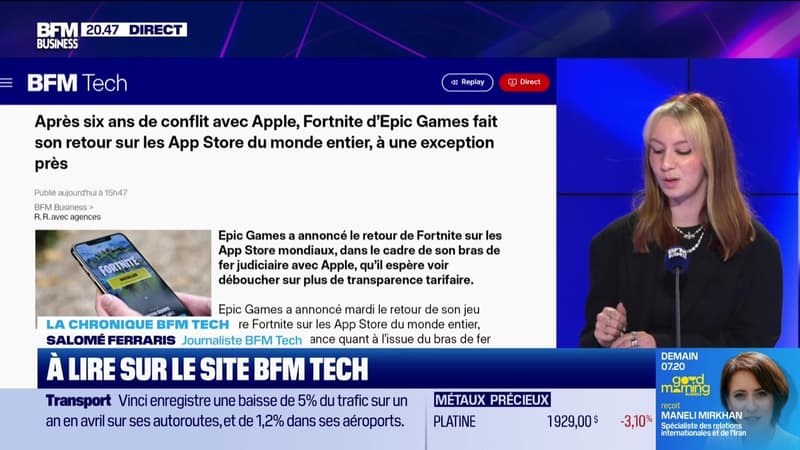 À lire sur le site Tech&Co : Après six ans de conflit avec Apple, Fortnite d'Epic Games fait son retour sur les App Store du monde entier, à une exception près, par Salomé Ferraris - 19/05