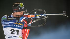 Quentin Fillon Maillet lors du sprint à Pokljuka, le 6 janvier 2023.