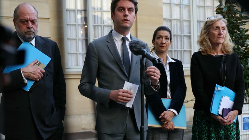 Le Premier ministre Gabriel Attal s'adresse aux médias après une réunion sur la sécurité scolaire, en présence du ministre de la Justice Eric Dupond-Moretti, de la vice-ministre de l'Enfance, de la Jeunesse et de la Famille Sarah El Hairy et de la ministre de l'Éducation et de la Jeunesse Nicole Belloubet, le 21 mars 2024 à Paris.
