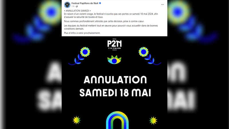 La publication annonçant l'annulation de la programmation du festival Papillons de Nuit pour la journée de samedi 18 mai.