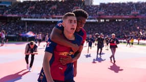 Fermin Lopez célèbre son but (finalement refusé) lors de Barça-Real (4-3, Liga), le 11 mai 2025