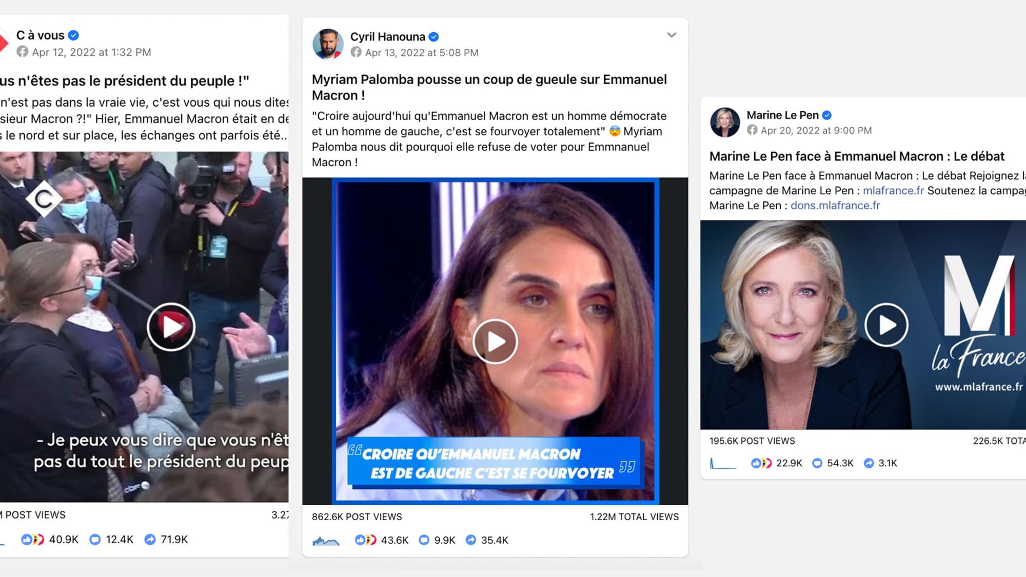 Les trois publications Facebook contenant le mot-clé "Emmanuel Macron" et ayant récolté le plus d'interactions entre le 11 et le 21 avril 2022 Les trois publications Facebook contenant le mot-clé "Emmanuel Macron" et ayant récolté le plus d'interactions entre le 11 et le 21 avril 2022