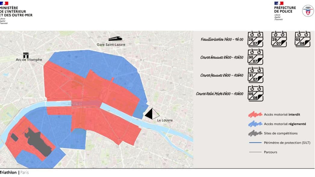 La carte des restrictions pour les épreuves de triathlon des JO de Paris 2024. La carte des restrictions pour les épreuves de triathlon des JO de Paris 2024.