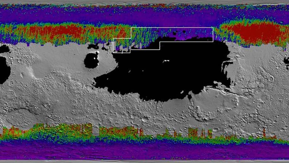 Carte montrant des zones où se trouve la glace d'eau souterraine sur Mars