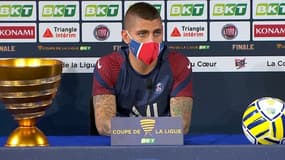 Marco Verratti en conférence de presse au Stade de France, à Saint-Denis le 30 juillet 2020