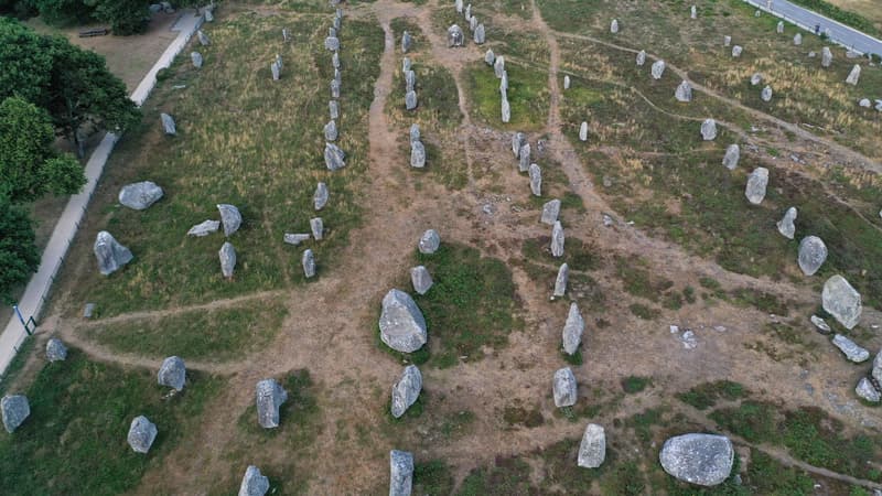 Vue aérienne d'un alignement de menhirs à Carnac en 2019