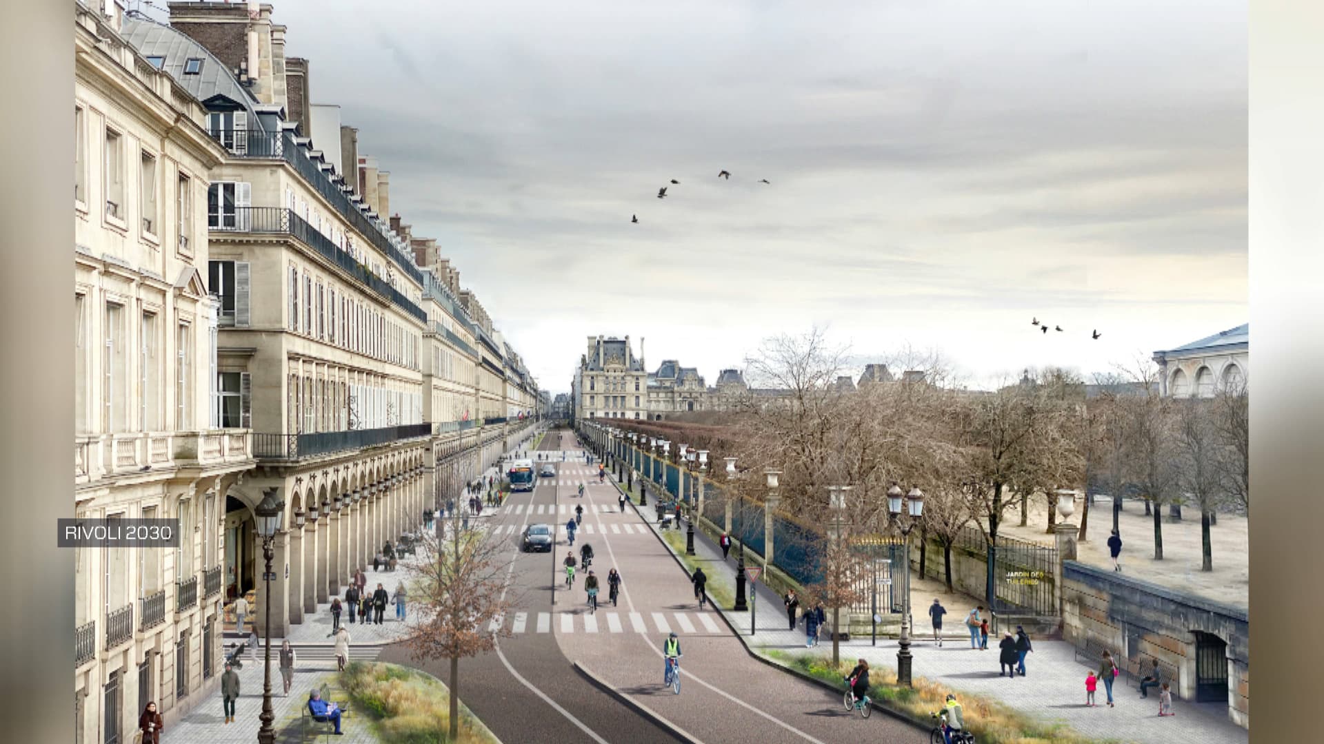 Visuel du projet de réaménagement de la rue de Rivoli à Paris, défendu par le collectif Rivoli 2030.