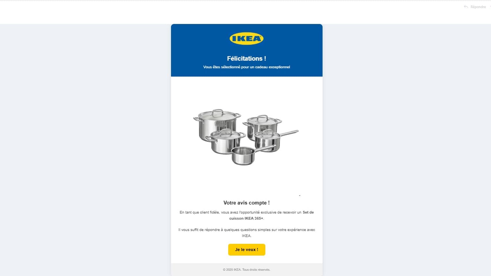 Une arnaque IKEA reçue par e-mail.