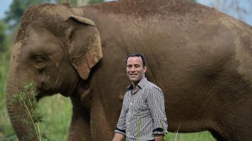 Blake Dinkin, fondateur de la société Black Ivory coffee, avec un des éléphants producteurs de café, le 10 avril 2015 dans le nord de la Thaïlande