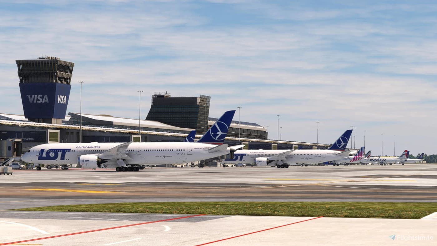 La tour de contrôle de l'aéroport Chopin à Varsovie (Pologne), dans Microsoft Flight Simulator. La tour de contrôle de l'aéroport Chopin à Varsovie (Pologne), dans Microsoft Flight Simulator.