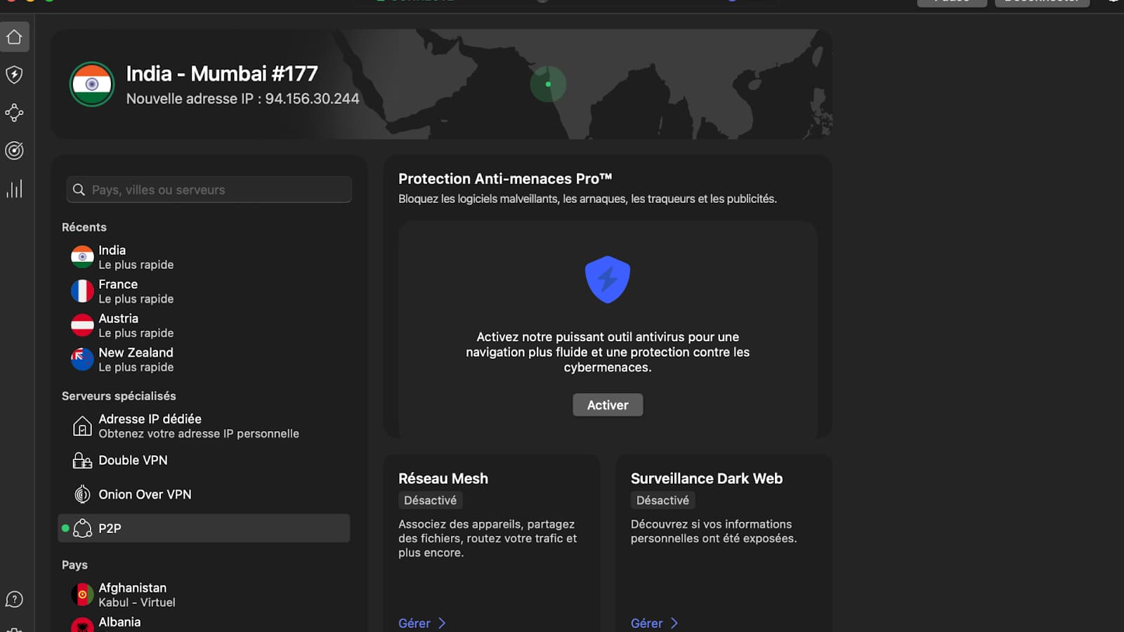 L’interface NordVPN de l’application sur Mac L’interface NordVPN de l’application sur Mac