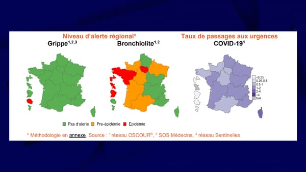 Le niveau d'alerte régional pour la grippe et la bronchiolite et le taux de passage aux urgences pour la semaine du 9 au 15 octobre 2023