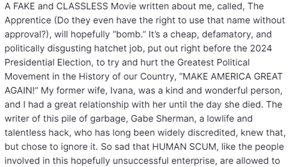 Le message de Donald Trump publié sur "Truth Social" le 14 octobre 2024