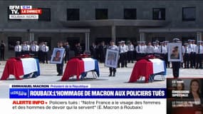 "À la vue de vos trois cercueils, n'existe que la sidération devant l'injustice et l'absurde": Emmanuel Macron rend hommage aux trois policiers tués