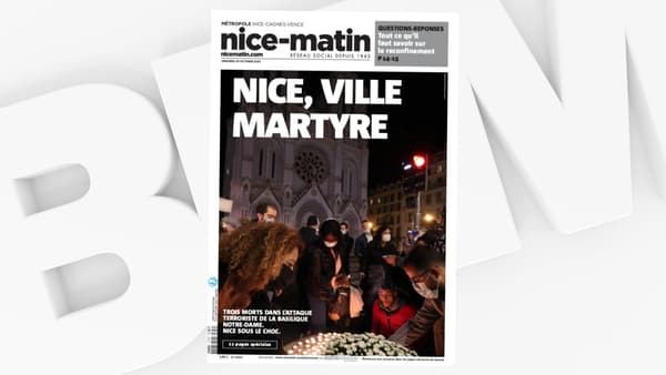 La une de "Nice Matin", le 30 octobre 2020, au lendemain de l'attentat commis dans une église de Nice (Alpes-Maritimes).