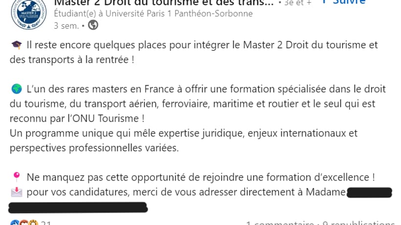 Capture d'écran faite le 16 septembre 2025 de la page Linkedin du master droit du tourisme et des transports de l'université Paris 1 Panthéon-Sorbonne appelant les étudiants à postuler