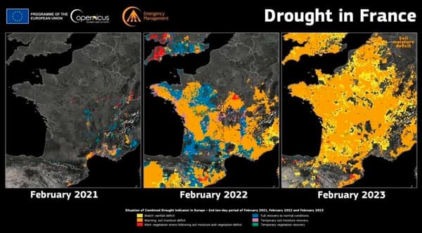 L'étendue de la sécheresse dans l'Hexagone en février 2023, comparé aux mois de février 2022 et 2021