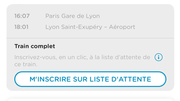 Les passagers peuvent s'inscrire sur liste d'attente pour les voyages complets sur Ouigo. Les passagers peuvent s'inscrire sur liste d'attente pour les voyages complets sur Ouigo.