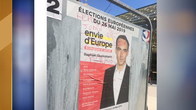 L'affiche électorale de Raphaël Glucksmann a été recouverte de tags antisémites.