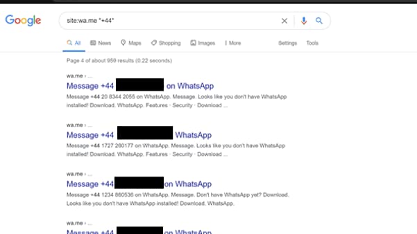 Une simple recherche Google pouvait renvoyer à des numéros WhatsApp. Une simple recherche Google pouvait renvoyer à des numéros WhatsApp.
