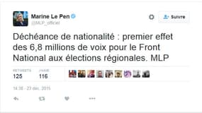 La présidente du Front national impute le changement de cap du gouvernement aux résultats du parti aux élections régionales.