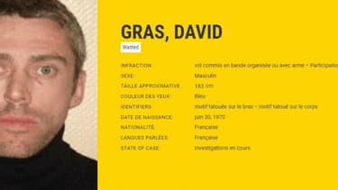 Fiche d'avis de recherche de David Gras, diffusé par Europol, l'office européen de police.
