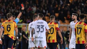 Olivier Giroud exclu lors du match Lecce-AC Milan (2-2, 12e journée de Serie A), le 11 novembre 2023
