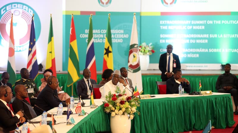 Réunion plénière de la session extraordinaire des chefs d'État et de gouvernement de la Communauté économique des États de l'Afrique de l'Ouest (Cédéao) à Abuja, au Nigeria, le 10 août 2023.