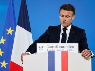 Emmanuel Macron en conférence de presse lors du Conseil européen à Bruxelles, le 18 avril 2024.