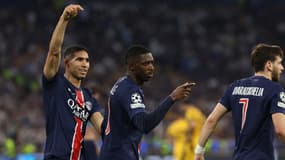 Achrak Hakimi, Ousmane Dembélé et Khvicha Kvaratskhelia lors de la finale de Ligue des champions remportée par le PSG, 31 mai 2025