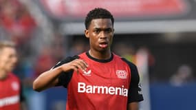 Le défenseur Jeanuël Belocian pendant un match de Leverkusen en Bundesliga, septembre 2024
