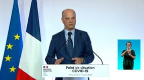 Le ministre de l'Éducation nationale, Jean-Michel Blanquer, lors d'une conférence de presse consacrée au Covid-19, le 27 août 2020.