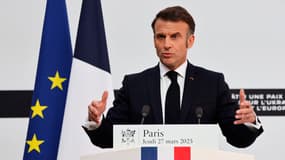 Emmanuel Macron en conférence de presse à l'Élysée après un sommet sur l'Ukraine, le 27 mars 2025