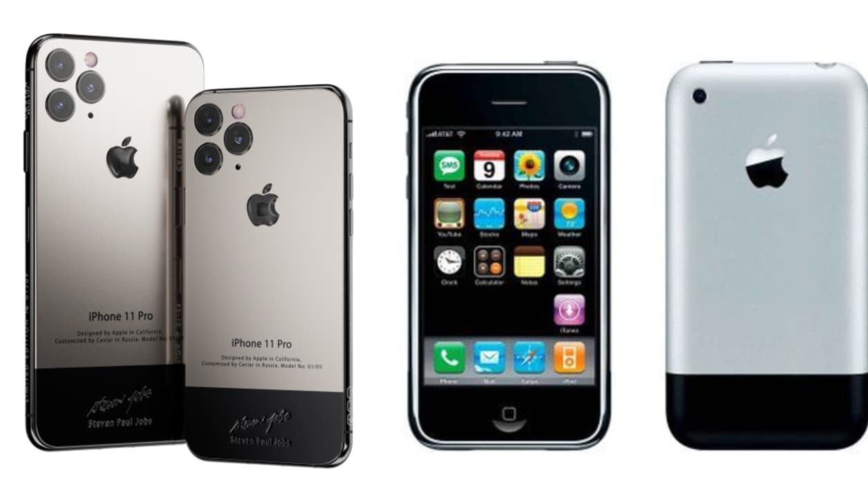 A gauche, l'iPhone 11 Pro customisé et à droite, l'iPhone original de 2007 A gauche, l'iPhone 11 Pro customisé et à droite, l'iPhone original de 2007