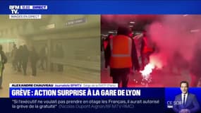 Grève: les images de la fumée des fumigènes allumés dans la gare de Lyon à Paris