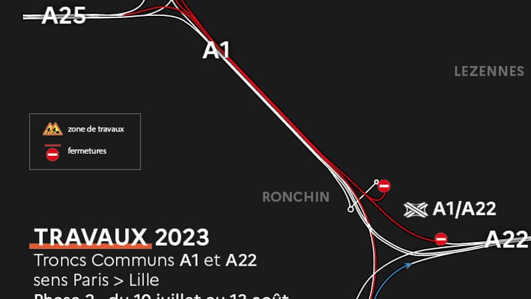Carte des travaux sur A1 prévus du 10 juillet au 13 août.