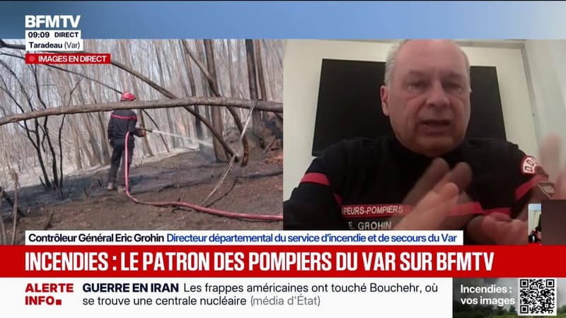 Incendie dans la Var: "Le feu n'est pas fixé aujourd'hui parce qu'il nous reste un point chaud sur un côté du feu qu'on veut sécuriser", déclare le Contrôleur Général Eric Grohin, directeur départemental du service d'incendie et de secours du Var