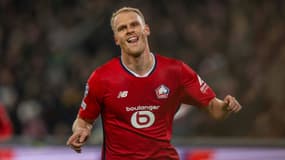 Mitchell Bakker célèbre son but lors de Lille-Sturm Graz (3-2, Ligue des champions), le 11 décembre 2024