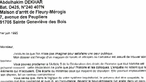 La lettre adressée en 1995 par Abdelhakim Dekhar, au juge en charge de l'affaire Rey-Maupin.