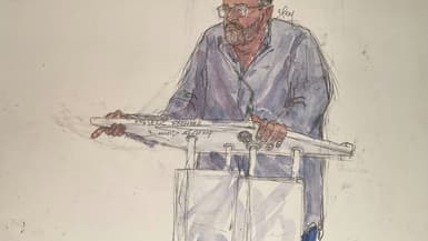Croquis d'audience montrant l'ex-anesthésiste Frédéric Péchier à son procès à la cour d'assises de Besançon, le 8 septembre 2025